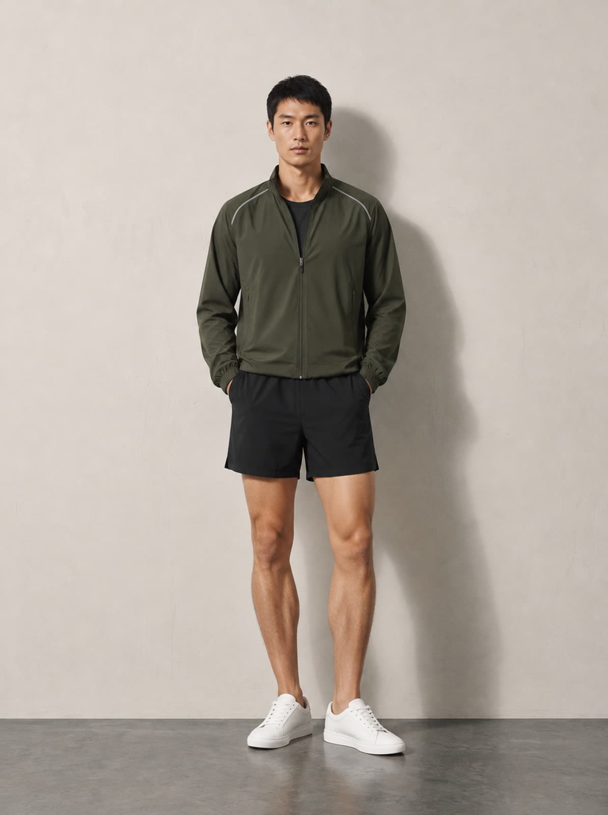 Easterly Running Jacket in olive, zipped to the chest over black technical shorts
