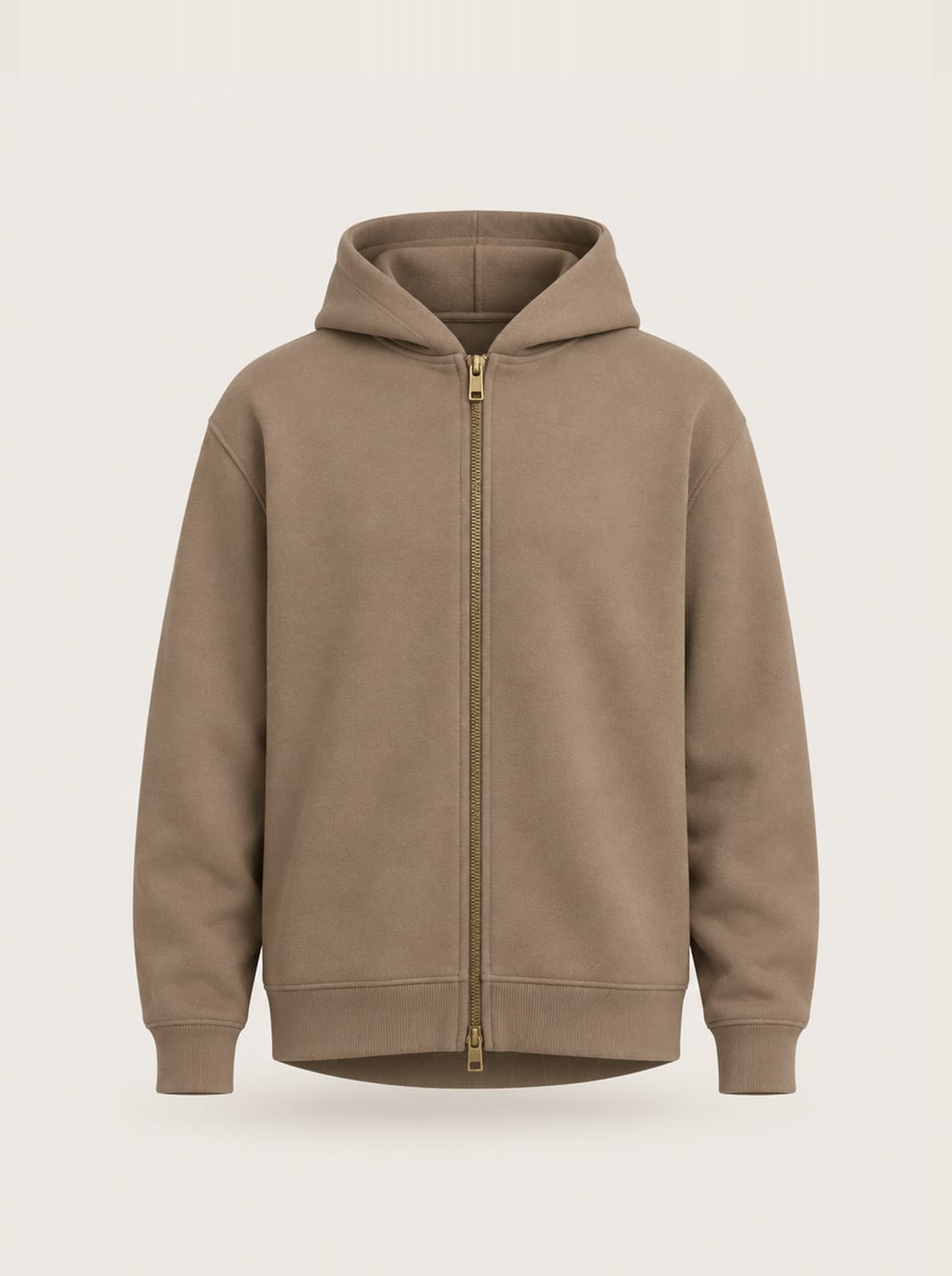 Mayfair Zip Hoodie in clay, zipped to the collar