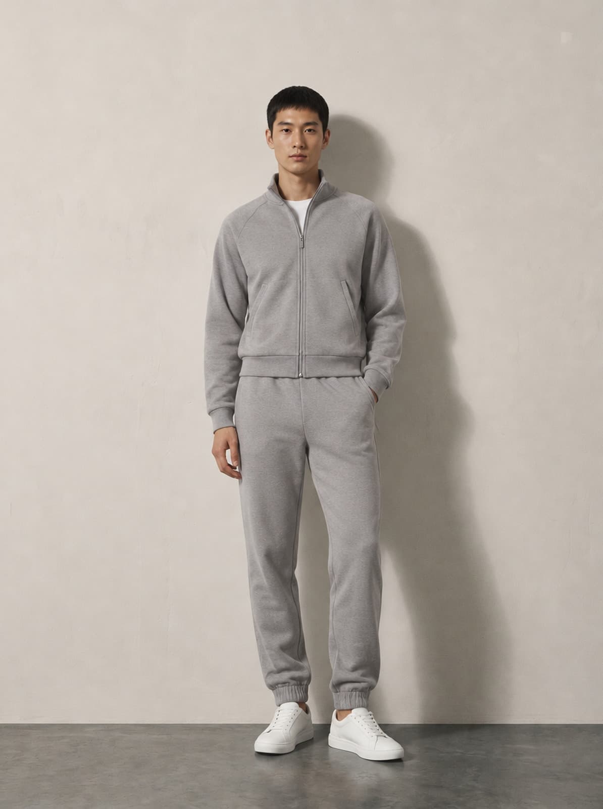 Soho Track Pant in ash worn as a complete set with the matching Soho Track Top