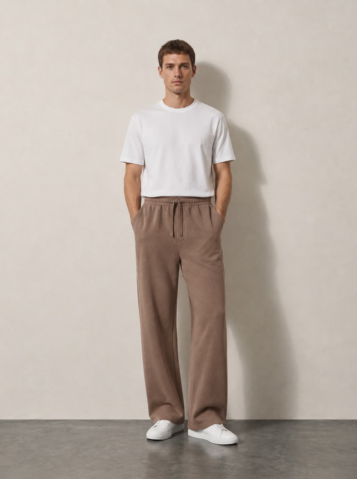 Still Lounge Pant in clay, worn with a plain white tee